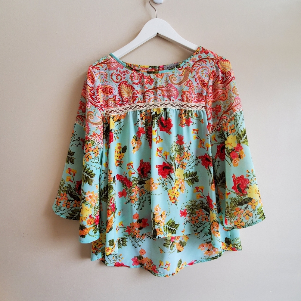 Figueroa & Flower floral print Boho Teal Top Blouse small size